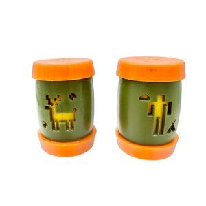 Retro Plastic Salt & Pepper Shakers With Animal & Cactus Cutouts Green & Orange